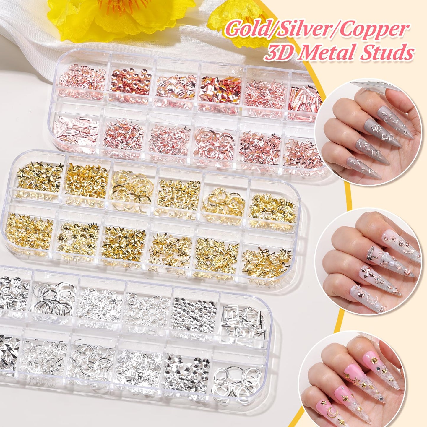 15 Boxes Nail Rhinestones Gems Kit,Gold/Silver Metal Studs,Mixed Sizes Flatback Crystals Rhinestones,Half Pearls,Sequins,Foil Flakes with Tweezers & Dotting Tools for DIY Manicure
