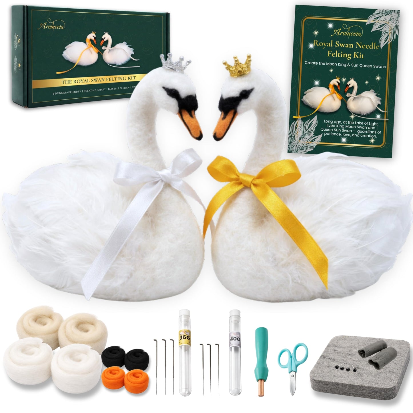 Arvinovia Needle Felting Kit – Make 2 Swan Figures, Complete Wool Felting Starter Kit with Tools & Step-by-Step Video Instructions, Guided DIY Craft Kit for Adults & Teens, Creative Gift Idea