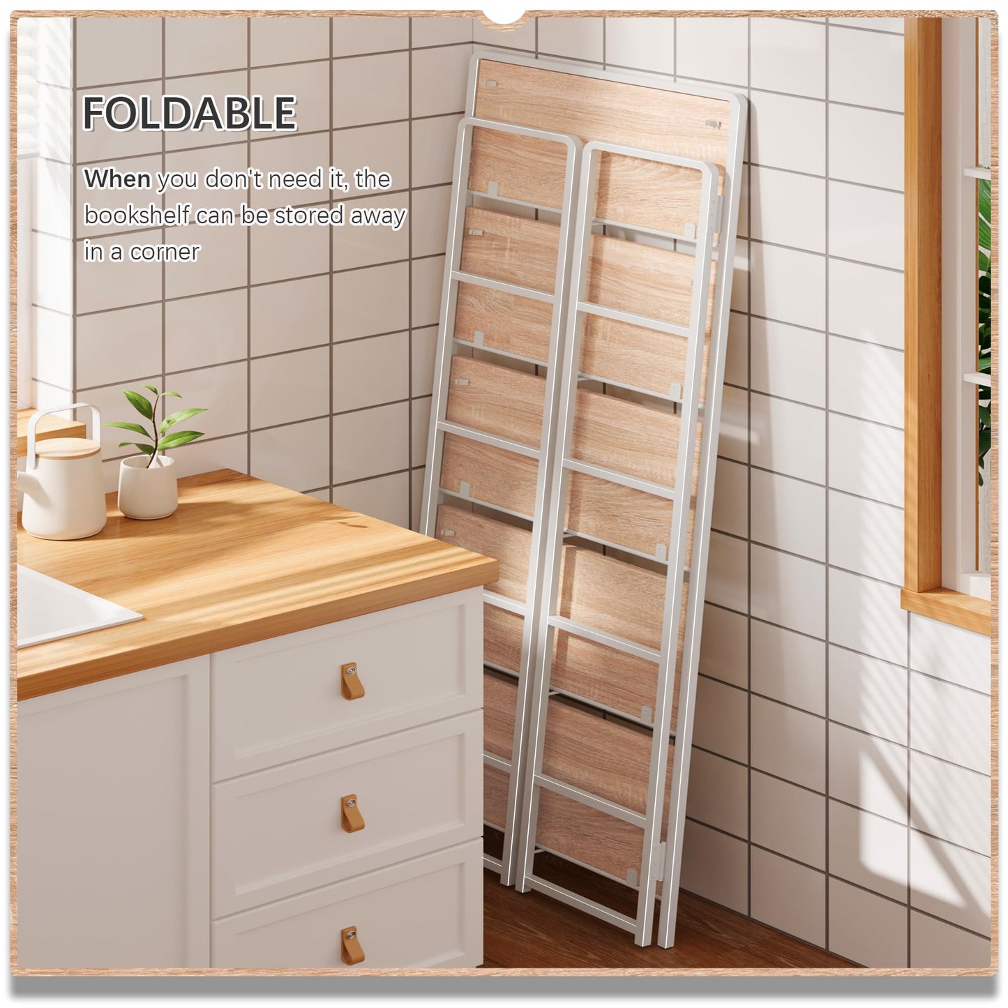 4NM No Assembly 5 Tiers Folding Bookshelf Storage Shelves Vintage Bookcase Standing Racks Study Organizer Home Office (Natural White)