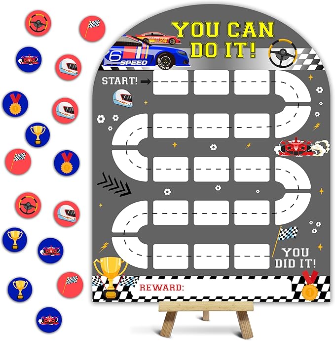 Race Car Reward Chart, Behavior Chart for Kids at Home, Wooden Incentive Chart Signboard with 24 Tokens, Truck Themed Sticker Charts Classroom Essentials -06