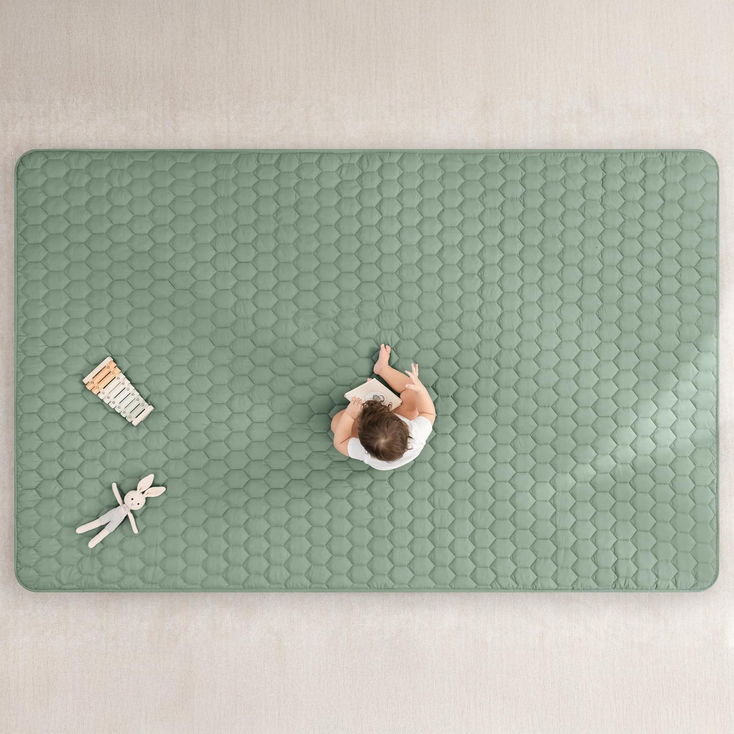 Comfy Cubs Rectangle Kids Play Mat - Large 60 x 96 inches Soft Quilted Baby Floor Mat with Non-Slip Bottom - Plush Design for Toddlers' Playtime - Comfortable and Durable - Fern