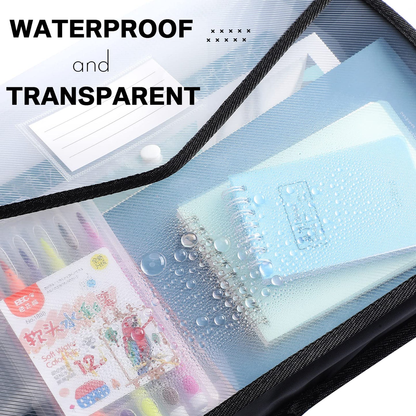 10 Pieces Plastic File Folders Envelope Expanding File Wallet Organizer Documents Folder with Snap Closure and Pocket B4 Waterproof Transparent Pouch for School Office(Black, White,Horizontal)