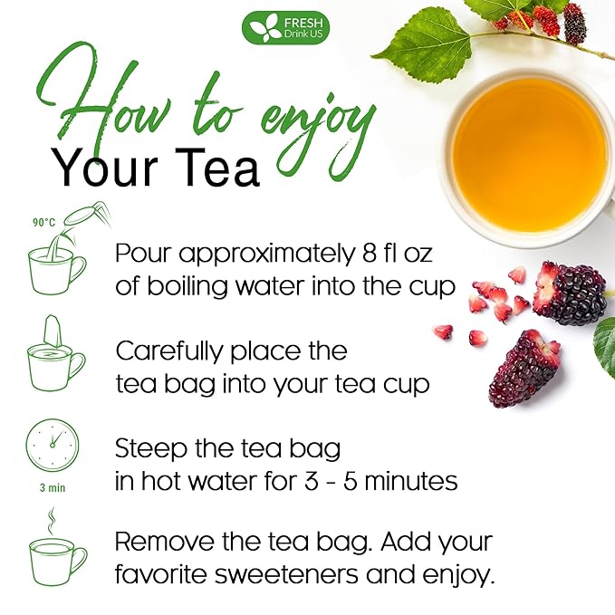 FreshDrinkUS, Premium 120 Mulberry Leaf Tea Bags, 100% Natural & Pure from Mulberry Leaves. Loose Leaf Herbal Tea. Made with Natural Material Tea Bags. No Sugar, No Caffeine, No Gluten, Vegan.