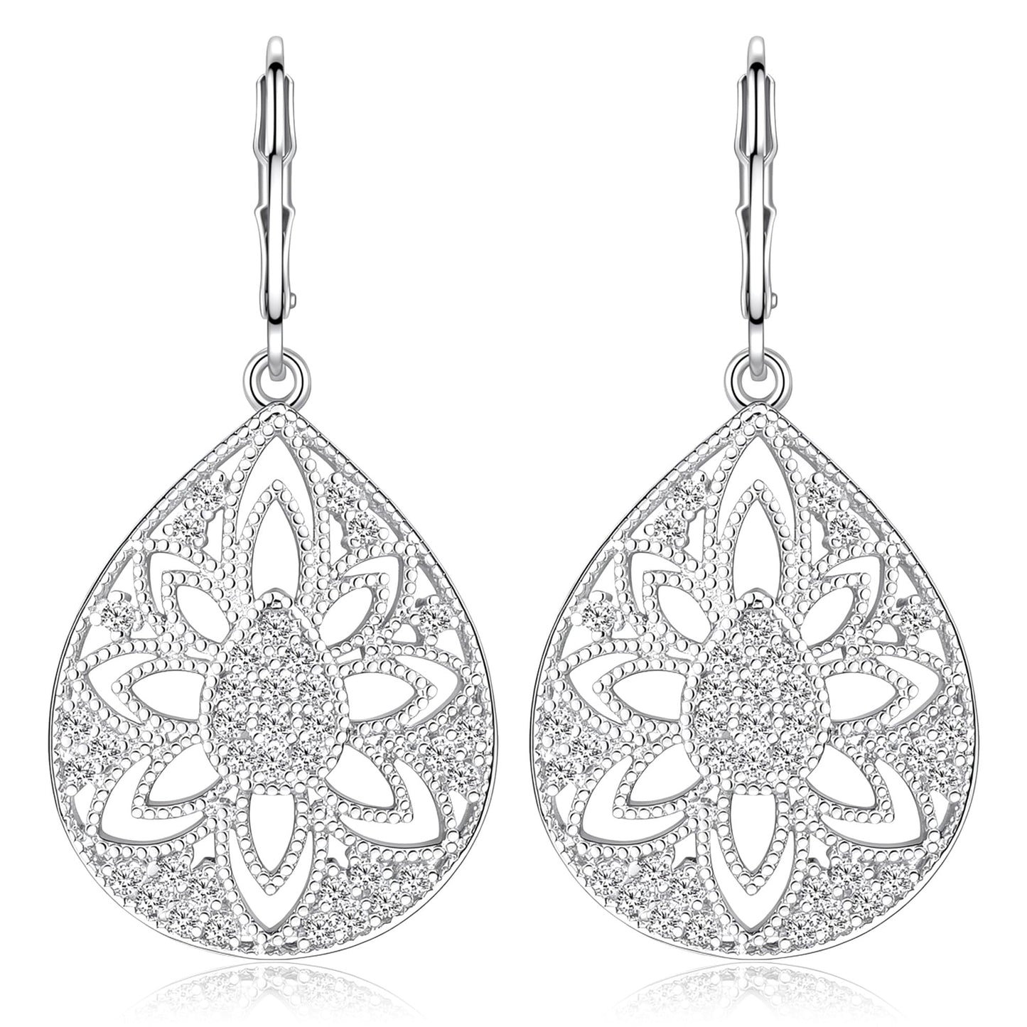 Teardrop Earrings for Women Silver Dangle Earrings Hypoallergenic Sterling Silver Drop Earring for Gifts (Filigree-B-S)