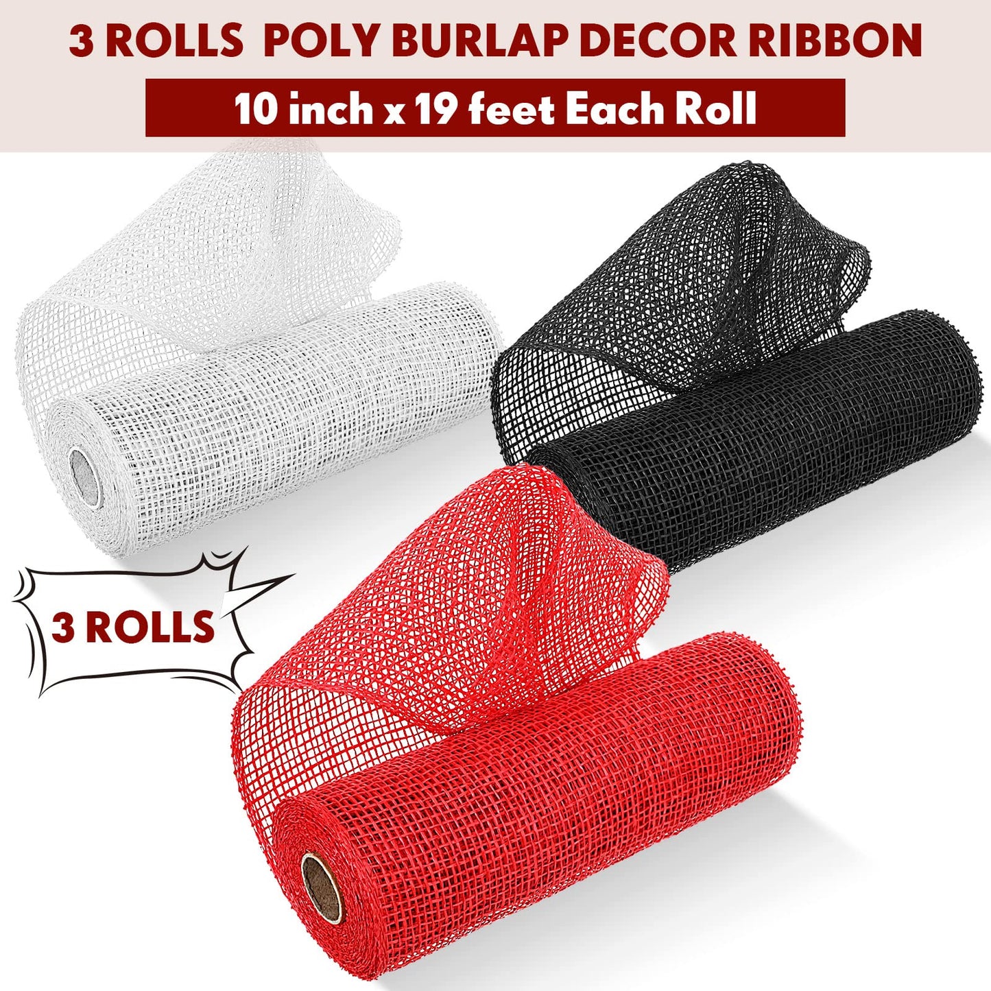 Chuangdi 3 Rolls Poly Burlap Deco Mesh 10 Inch Black White Red Deco Poly Decorative Mesh Ribbon Wrapping Ribbon Rolls for Home Door Wreath Decoration DIY Crafts Making