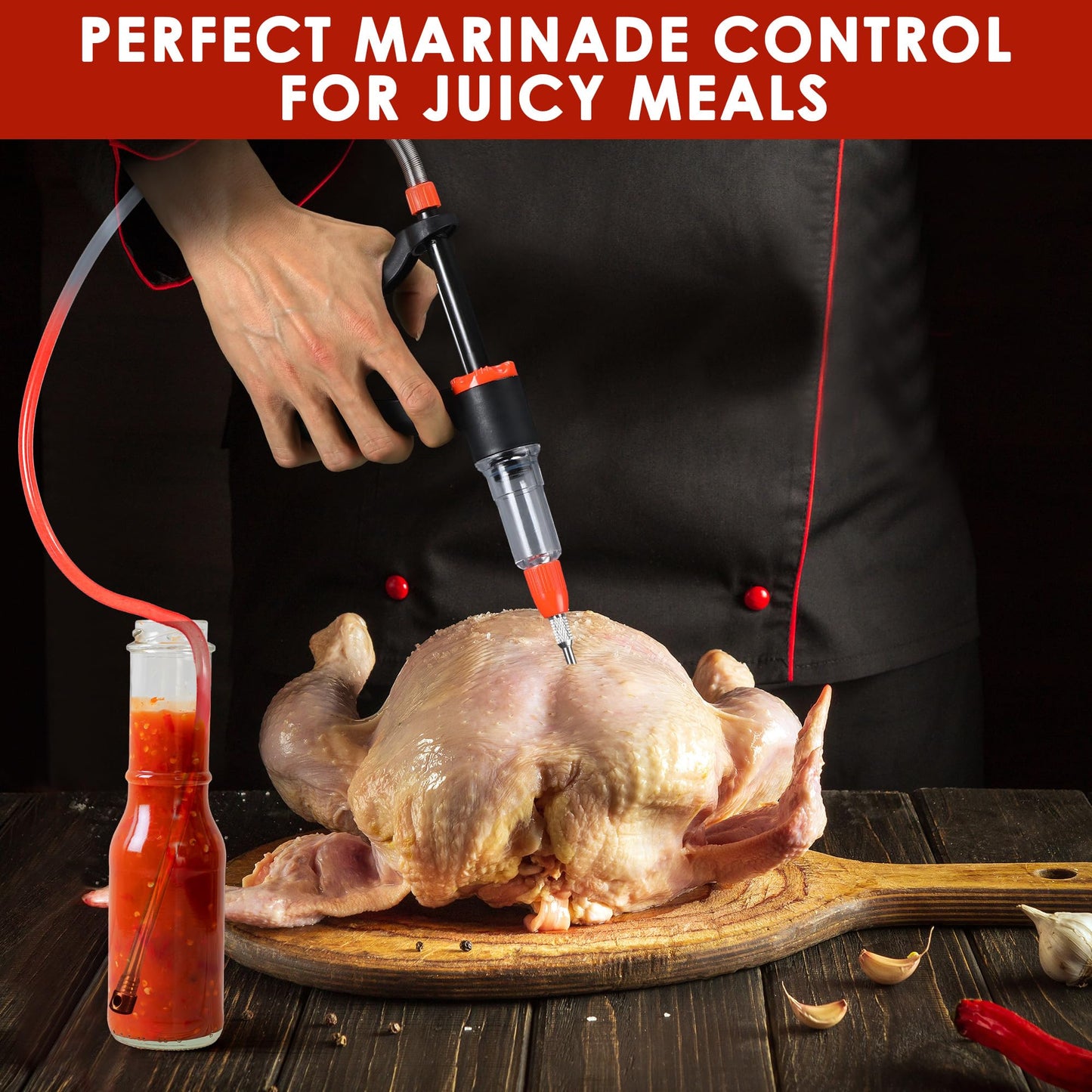 Dreyoo Marinade Injector Syringe for Smoking, Meat Injector Syringe with 3 Flow Settings, 4 Precision Needles & 33.46in Hose Ideal Meat Syringe Pump for BBQ, Smoking, Turkey and Holiday Feasts