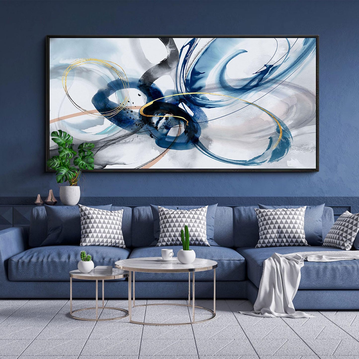 KLAKLA Modern Abstract Canvas Wall Art - Frame Wall Decor Living Room Picture Artwork for Office Bedroom Blue and White Decorative Paintings