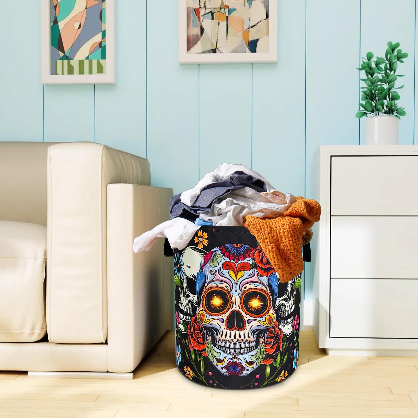 Sugar Skull Laundry Basket Skeleton Print Oxford Cloth Laundry Hamper With Handle Foldable Portable Clothes Storage Basket 18.9 X 16.5 In Storage Bag For Laundry Room/Bathroom/Bedroom/Dormitories