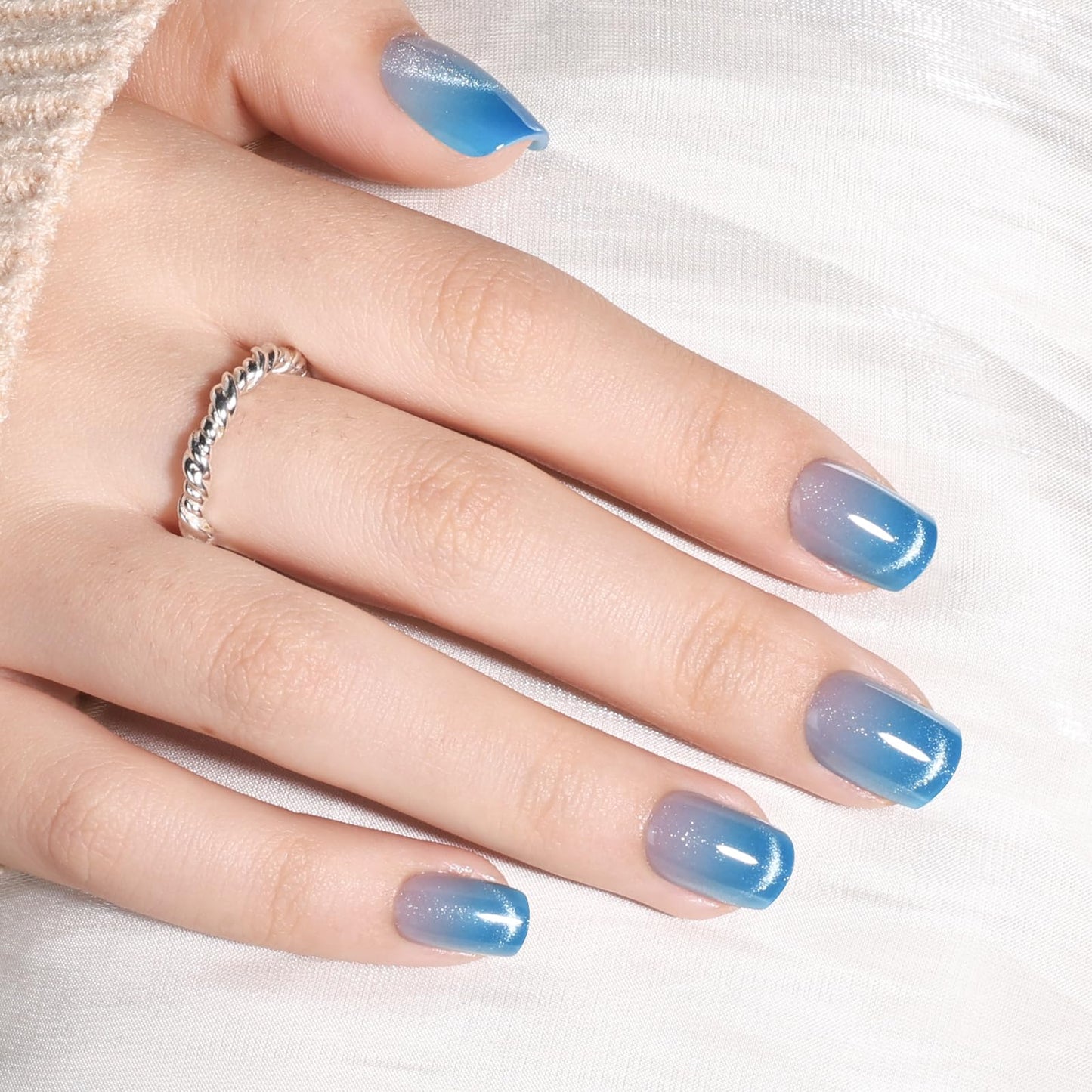 Blue Cat Eye Press On Nails - Short Square Ombre Press Ons for Women Fake Nails with Glue, Glossy Reusable Glue on Nail in 15 Sizes - 30pcs