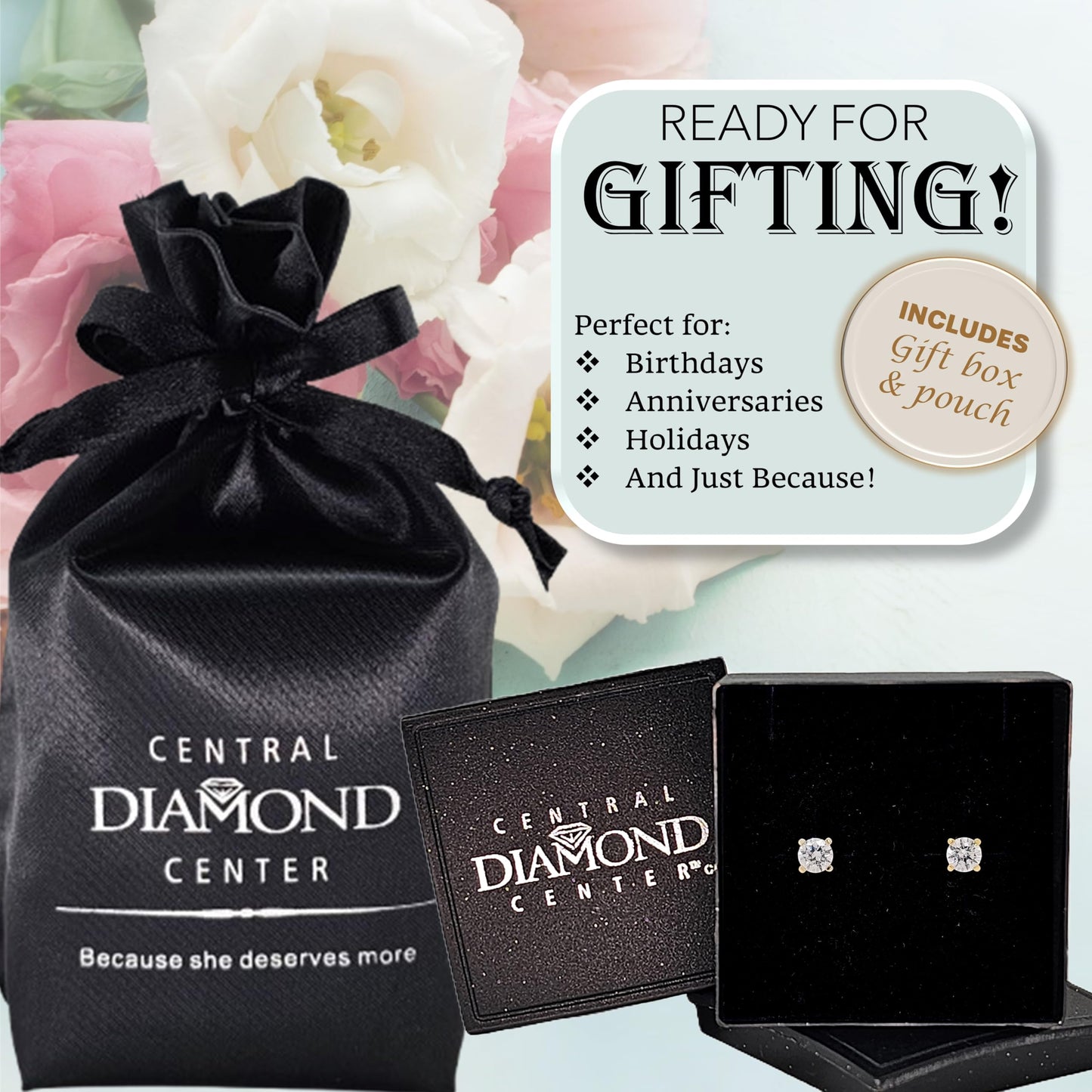 Central Diamond Center 14K Solid Gold Post & Sterling Silver Made with Swarovski 4 Prong CZ Stud Earrings - Yellow Gold Plated - 4.0mm - 0.50cttw