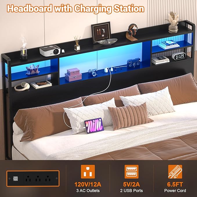 Aheaplus Headboard for King Size Bed with Storage, Headboards with LED Light, Power Outlets, USB Ports King Size Head Board, Wood headboard Only Sturdy and Stable Headboards, Modern, Black