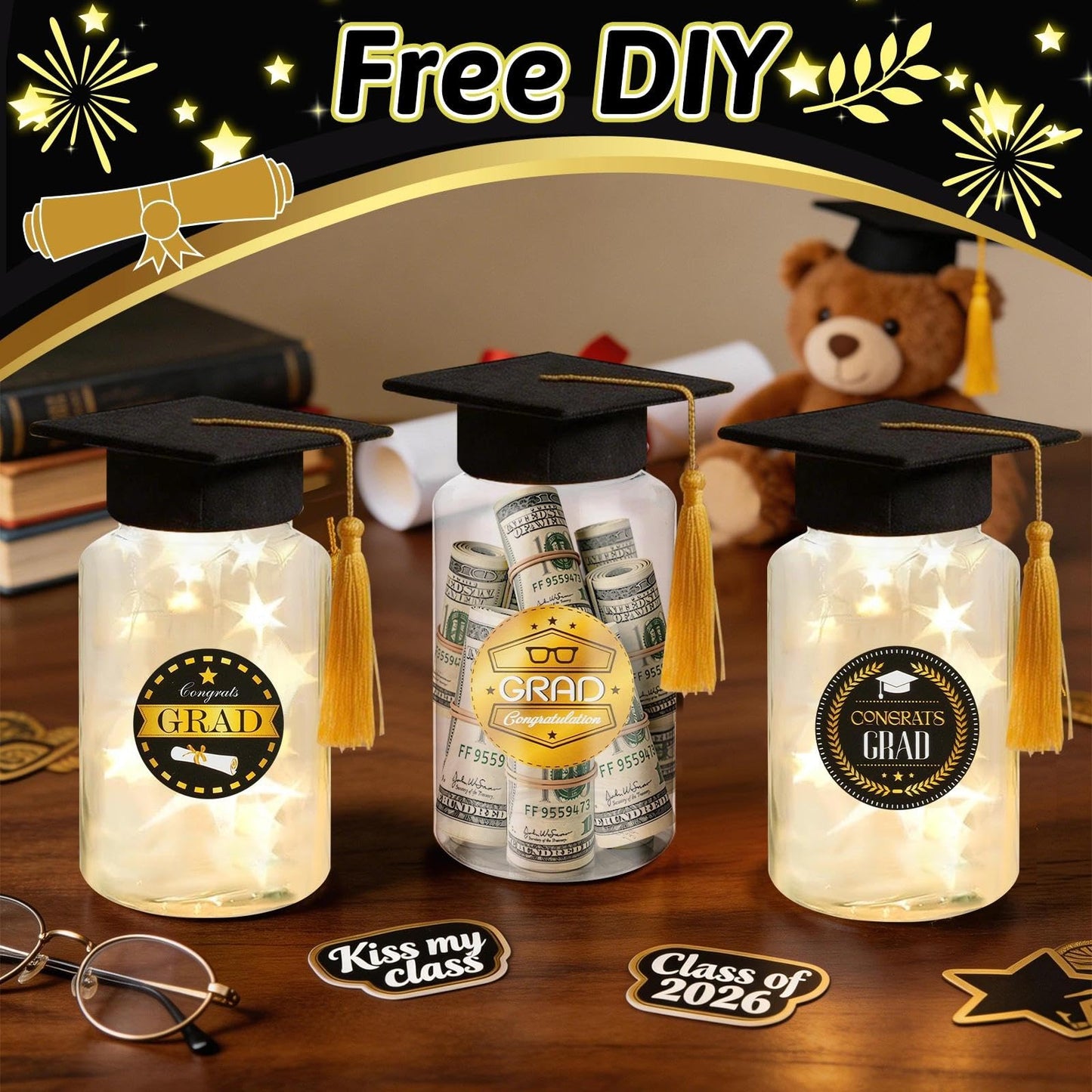 12 Pack Graduation Table Decoration Set, 2026 Grad Jar Table Centerpieces, Includes Black Felt Grad Hat, LED Lights, Stickers and Tracing Paper for High School and College Graduation Party Supplies
