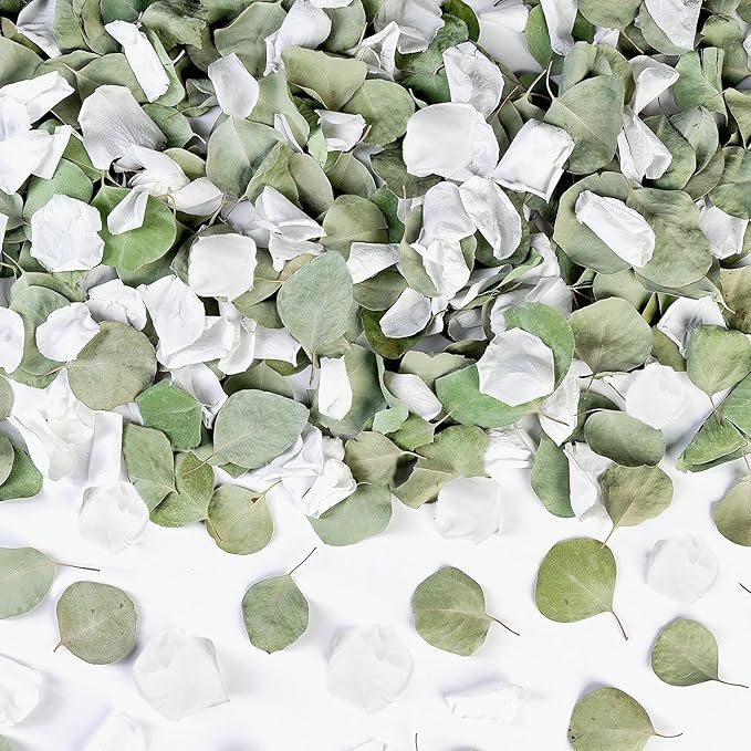 Eslibin Real White Rose Petals & Natural Eucalyptus Leaves 2.12oz, Freeze Dried Flower Petals Confetti for Wedding Flower Girl, Aisle Table Centerpieces Garden Cake Bridal Shower Decor