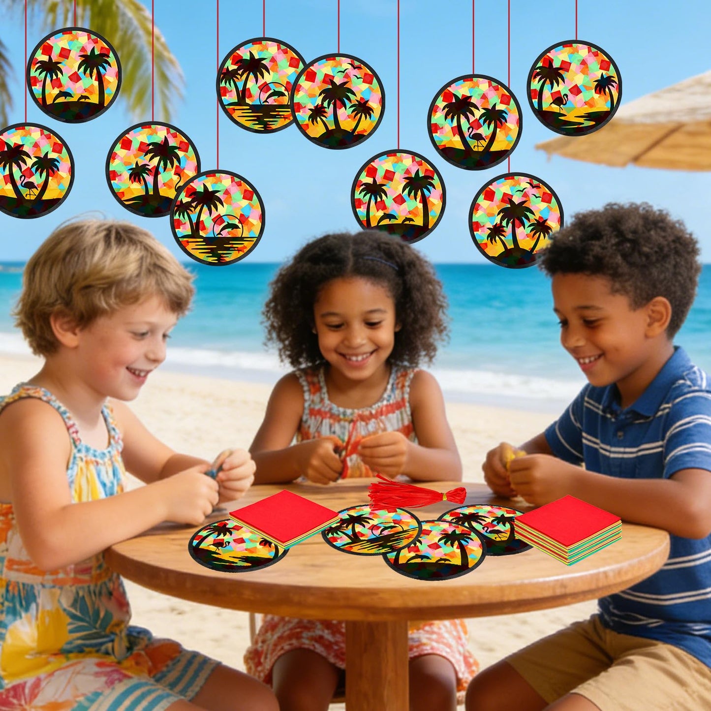 AnyDesign 36 Sets Summer Beach Suncatcher Paper Crafts Kit Tropical Palm Tree DIY Tissue Paper Crafts Hanging Ornament for Stained Glass Window Hawaiian Party Classroom Decor