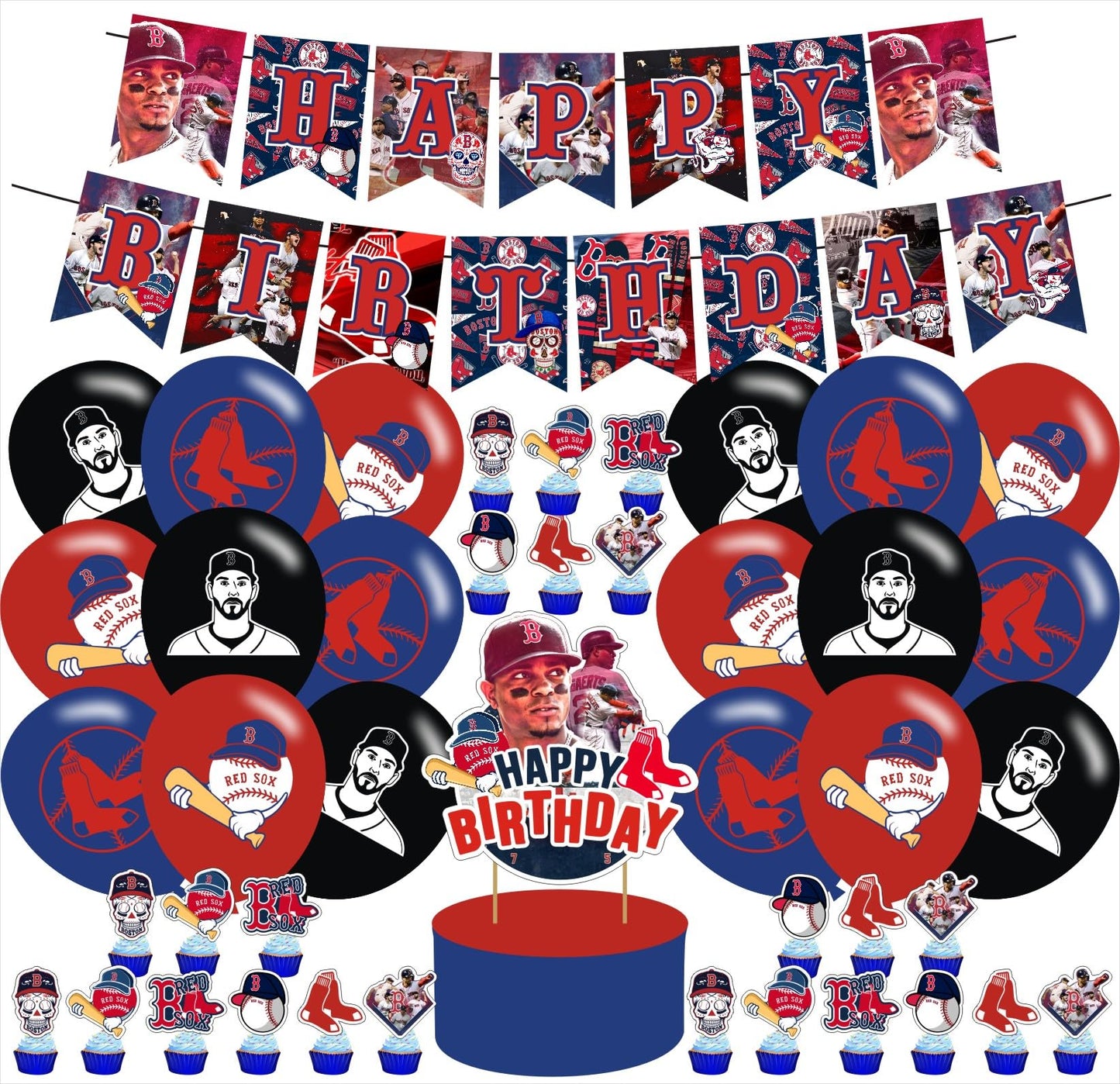 Red Sox Baseball Party Decorations , Red Baseball Happy Birthday Banner Balloons Cake Topper Cupcake Toppers Kit for Boys Kids Teens Sport Theme Baseball Birthday Party Supplies