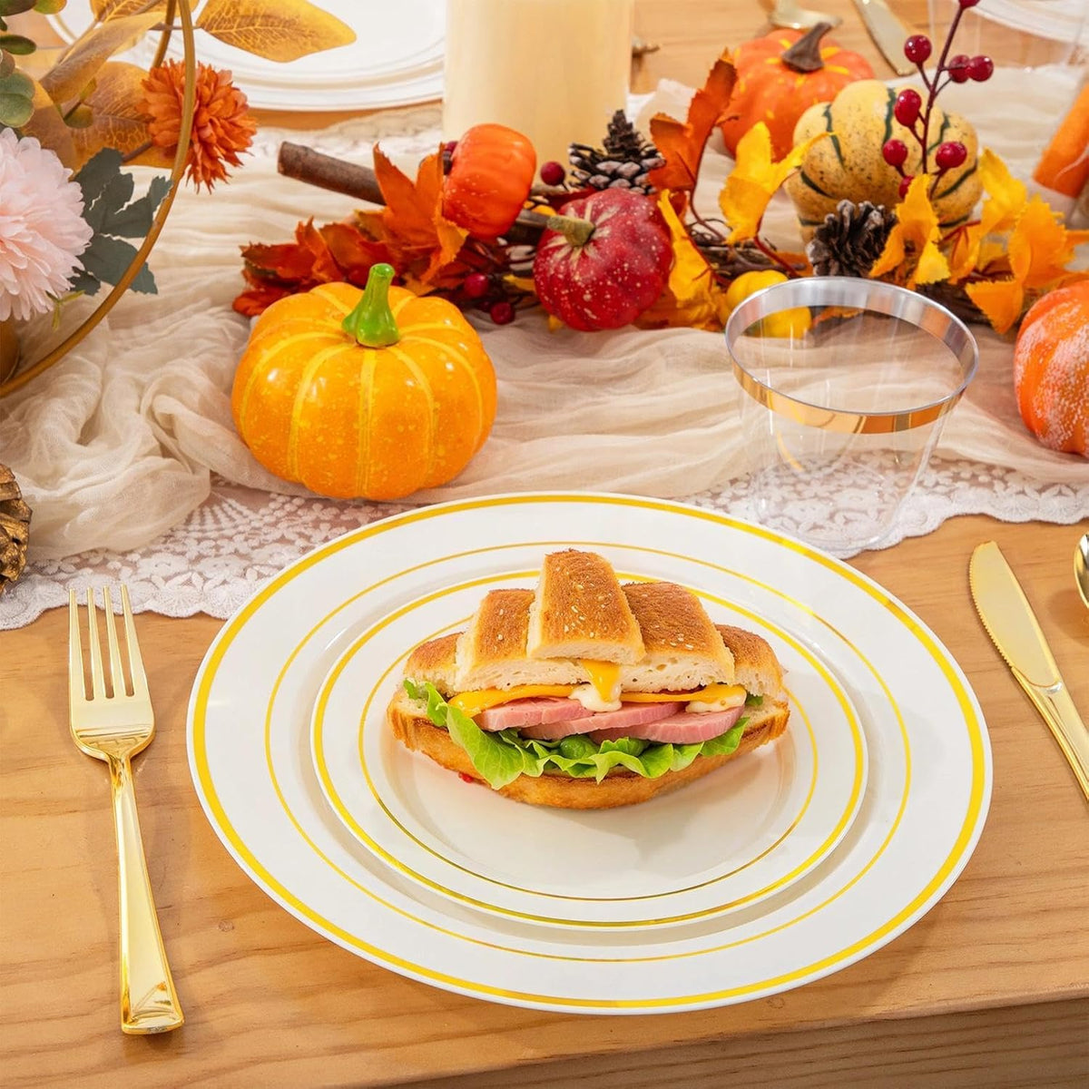 WELLIFE 210PCS Ivory Plastic Plates for 30 Guests - Include 30 Dinner Plates, 30 Dessert Plates, 30 Clear Cups and 30 Pre Rolled Napkins with Gold Silverware,Disposable Plates for Party and Wedding