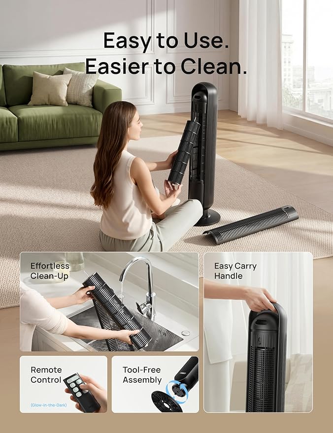 DREO Tower Fan for Bedroom, 2026 Upgraded DC Motor, 28ft/s High Velocity, 20dB Ultra Quiet Standing Fan, 8 Speeds 4 Modes, 90° Oscillating Bladeless Fan for Indoors, Floor Fans with Remote, Black