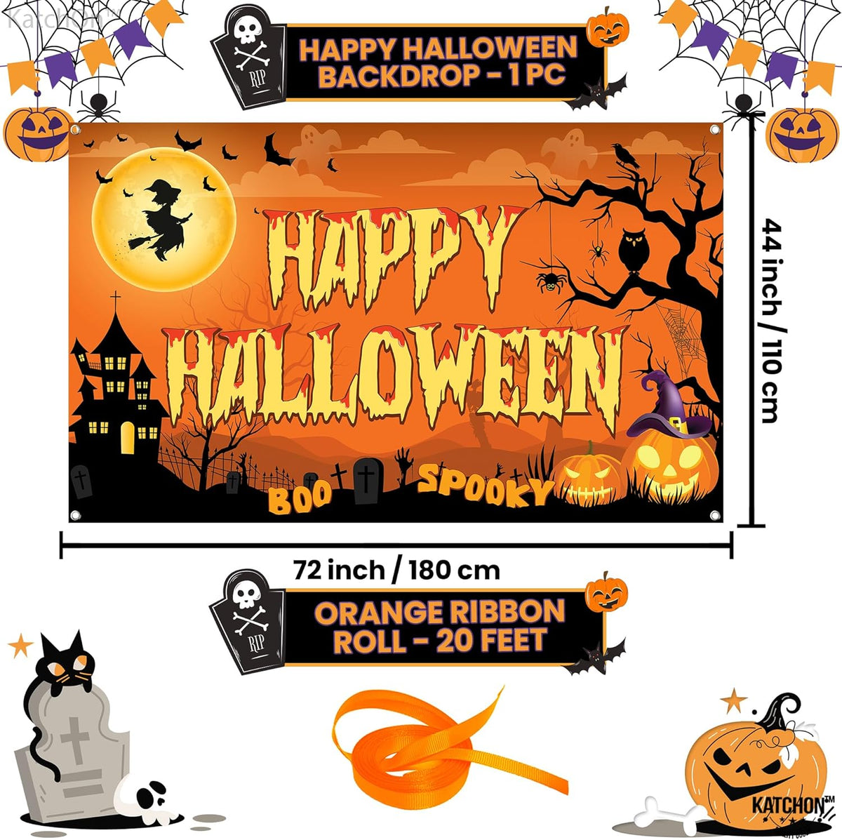 KatchOn Spooky Happy Halloween Banner - XtraLarge, 72x44 Inch | Orange Halloween Photo Backdrop for Decorations & Photography