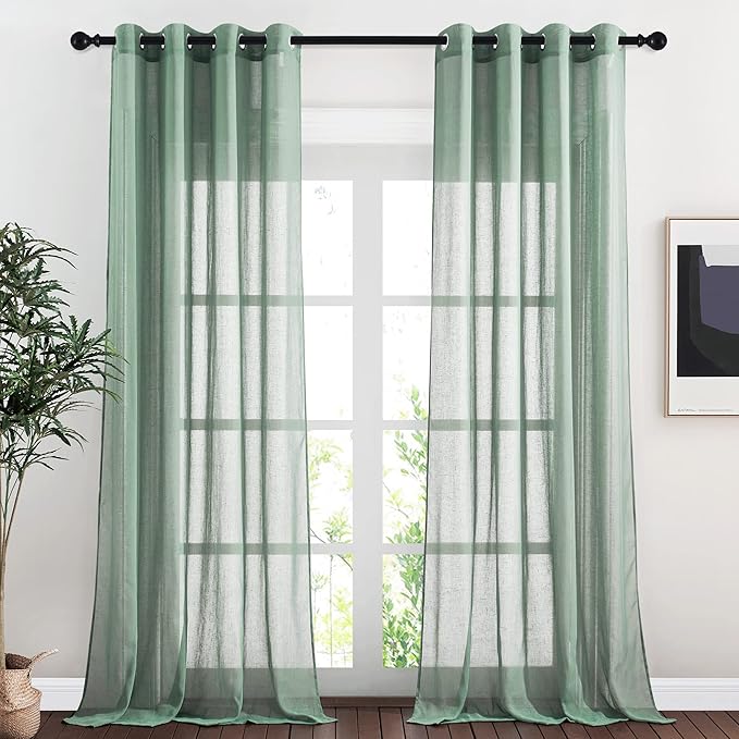 NICETOWN Olive Green Curtains Linen Sheer Texture for Living Room, Grommet Semi Sheer Linen Blend Vertical Drapes Privacy with Light Filter for Garden/Living Room, W52 x L90, 2 Panels