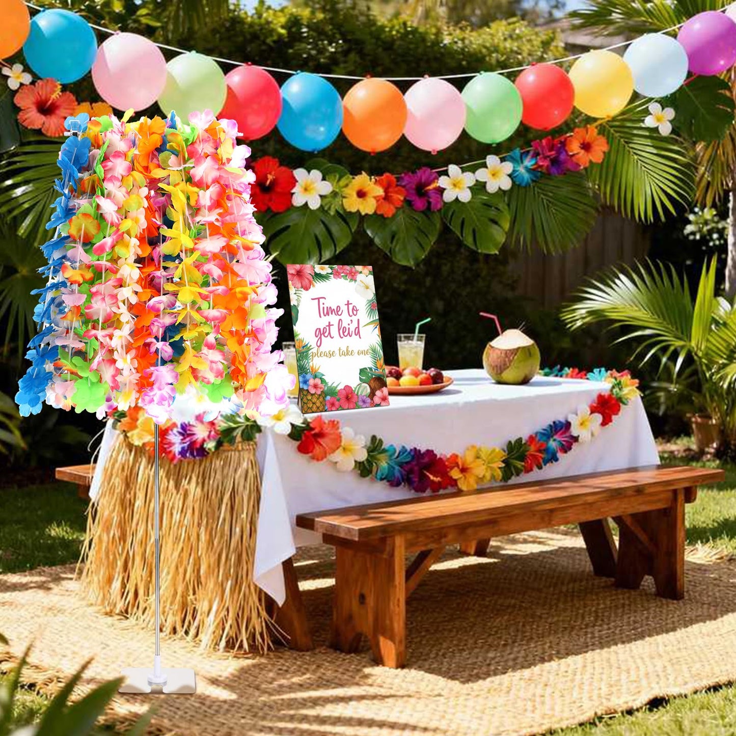Suncalla 26 Pack Hawaiian Leis Luau Party Decoration Set Include 24 Pcs Hawaiian Leis 1 Pcs Wreath Stand ( Adjustable Base) 1 Pack Luau Party Welcome Wooden Signs for Summer Tropical Flower Lei Shows