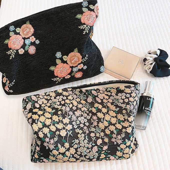 HAPPYHEIDI Women Aesthetic Travel Makeup Bag Accessory Zipper Pouch for Cosmetics, Purse Organizer, Embroidery Lucky Flowers Black