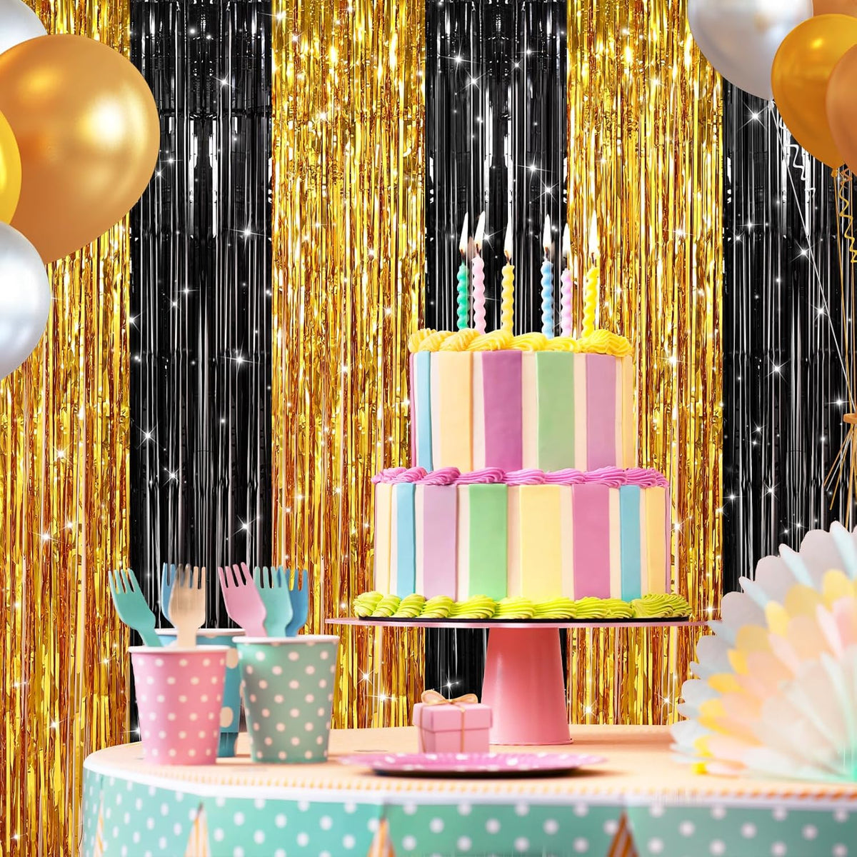 2 Pack Black Gold Metallic Tinsel Foil Fringe Curtains, Door Streamers Photo Booth Backdrop for Birthday Party, Tinsel Curtain Backdrop for Baby Shower Bachelorette Christmas Party Decorations