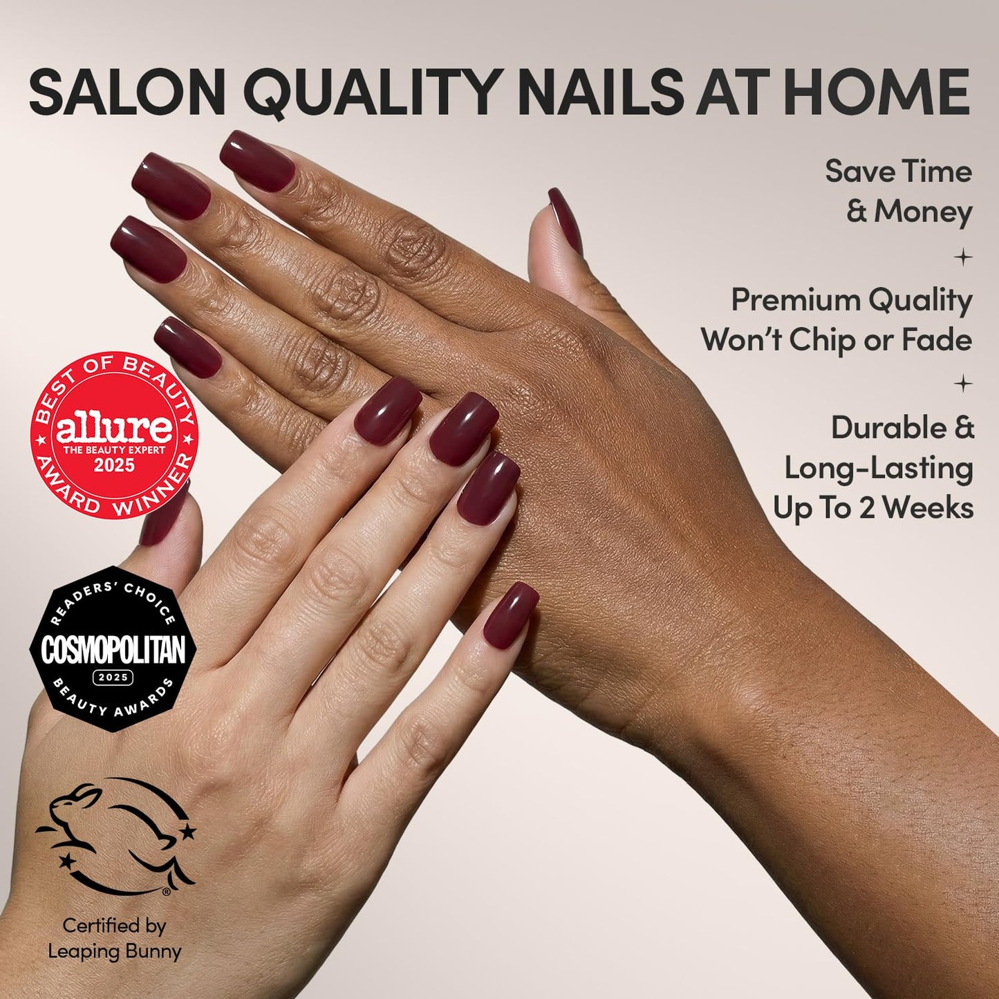 Glamnetic Press On Nails - Cherry Mocha | Dark Red Medium Square Fake Nails with a Glossy Finish, Salon Quality Halloween Nails | 15 Sizes - 30 Nail Kit with Glue