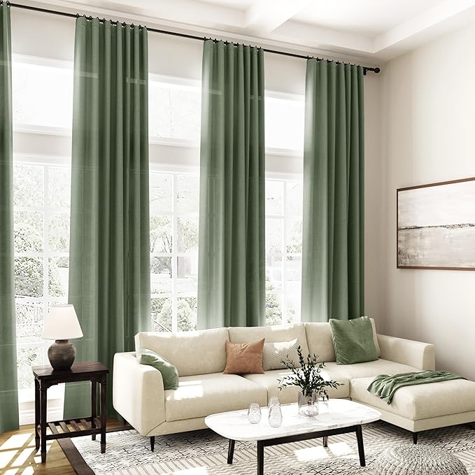 Nanspring Olive Green Linen Curtains for Living Room 2 Panels Set 132 Inch Length Back Tab Light Filtering Semi Sheer Curtain Drapes for Bedroom 52x132