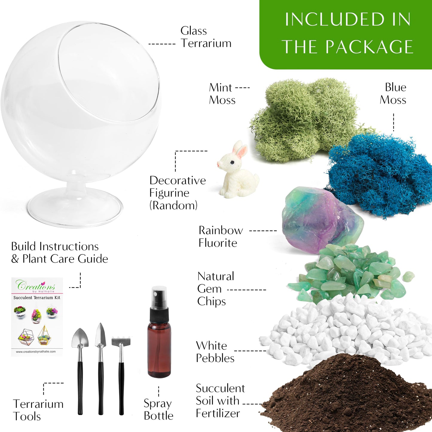 Creations by Nathalie DIY 6" DIY Chalice Terrarium Kit - Build Your Own Glass Terrarium for Adults & Teens with Moss, Crystals, Tools & Decorative Figurine - Mini Ecosystem (Plant Not Included)