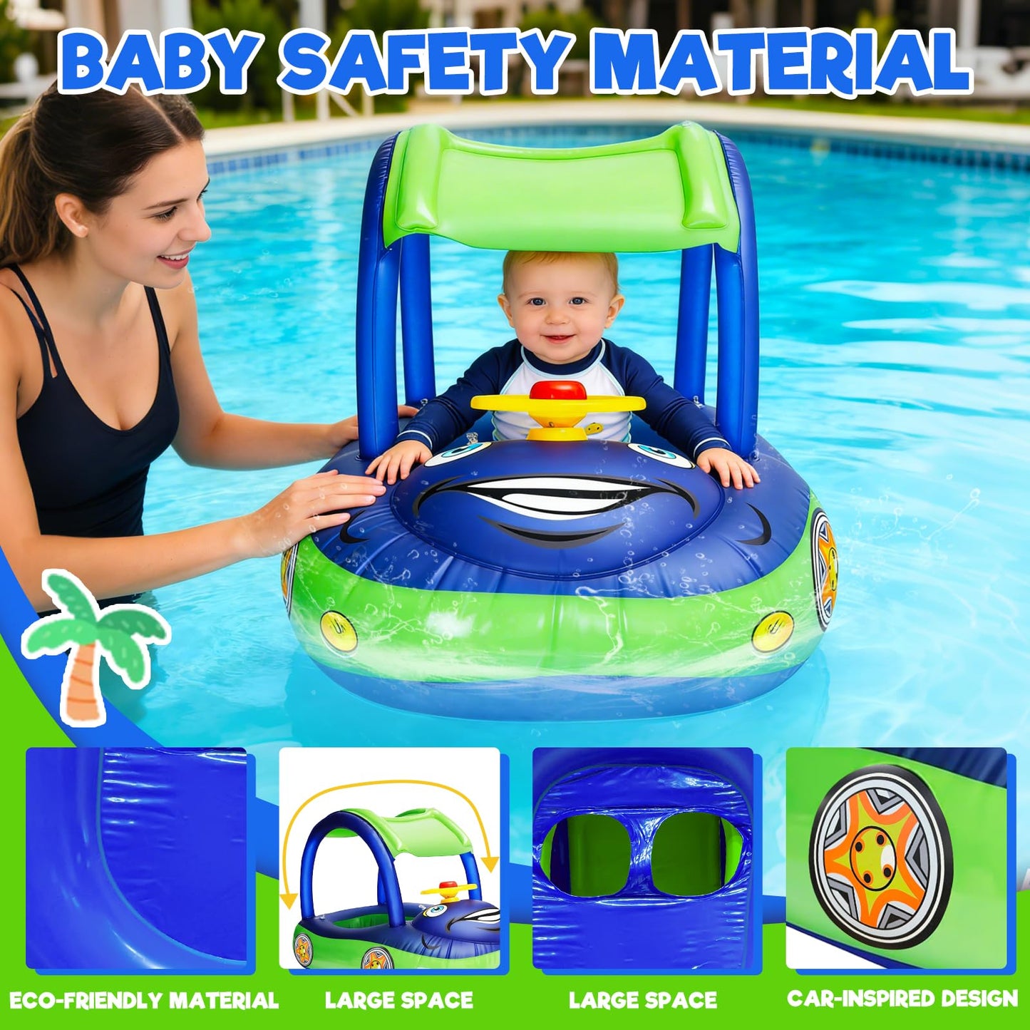 iGeeKid Inflatable Baby Pool Float with Canopy, Safty Seat for Infant Baby Swim Float Rings Car Shaped Swimming Pool Floaties for Babies Toddler Age of 18-36 Months (Blue)