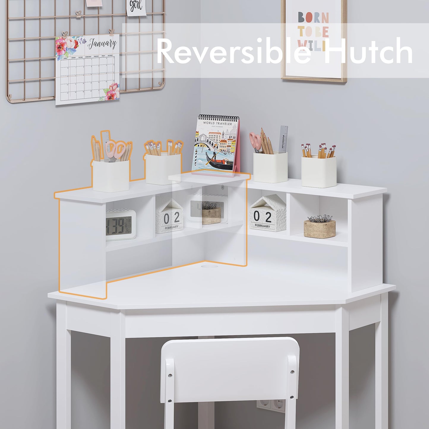 UTEX Kids Desk, Kids Corner Desk and Chair Set, Children Study Table with Storage and Hutch for Home School Use, White