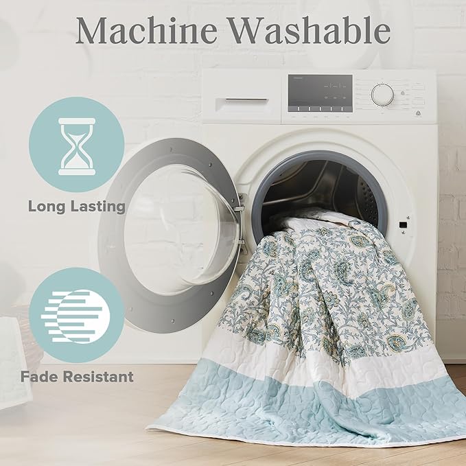 Madison Park 100% Cotton Quilt Set Floral Print, Double Sided Stitching, All Season, Lightweight Coverlet Shabby Chic Bedding Layer, Matching Shams, Full/Queen, Light Teal 6 Piece,Aqua