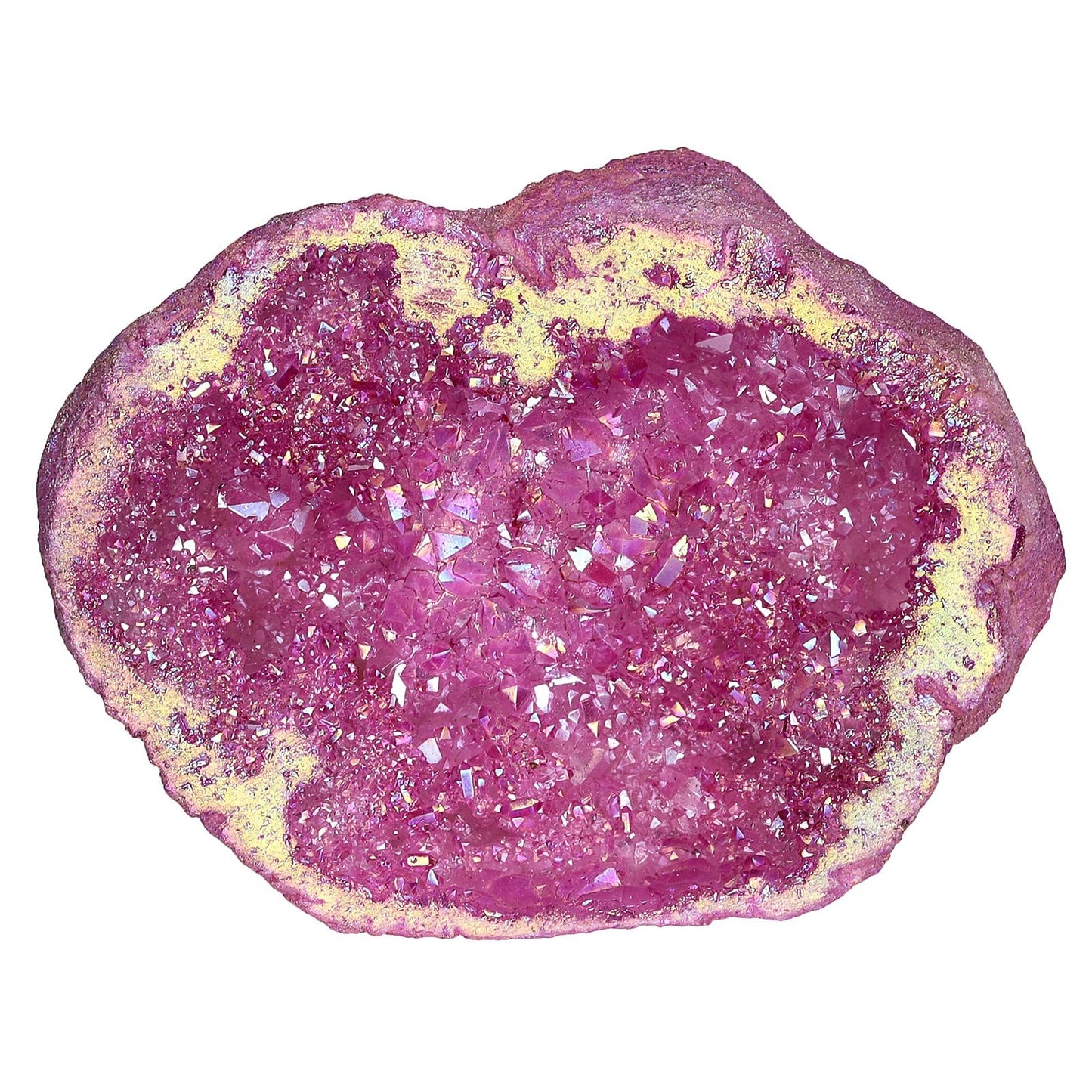 TUMBEELLUWA Irregular Titanium Coated Crystal Geode Stone Decor Natural Rainbow Rock Crystal Cluster Specimen for Home & Office, Fuchsia