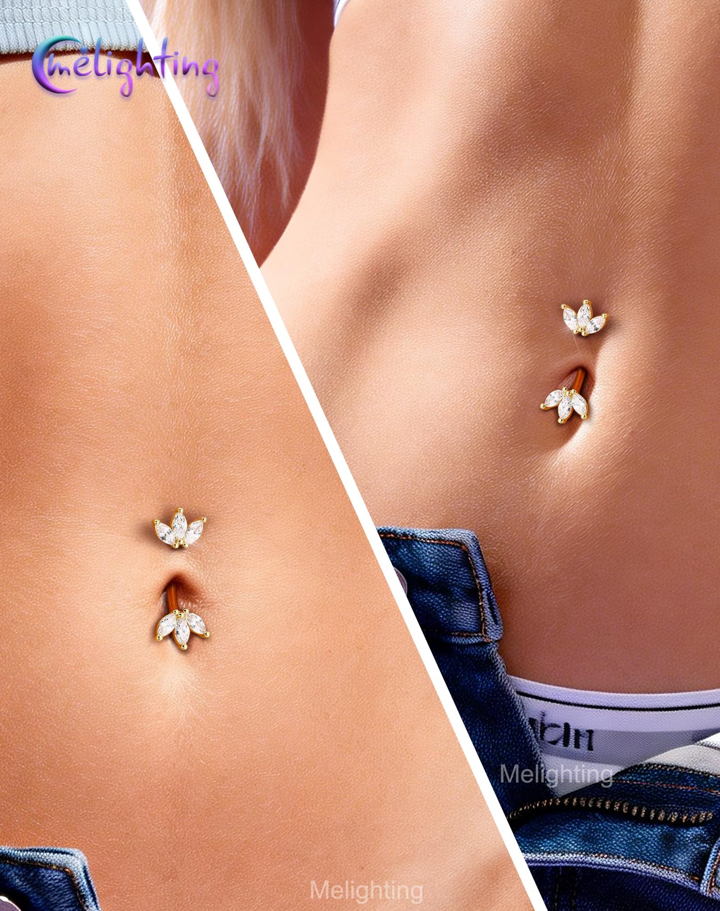 Melighting 14G Gold Lotus Belly Button Ring, Double CZ Navel Ring 316L Surgical Stainless Steel Marquise 5A CZ Belly Bar 8 mm