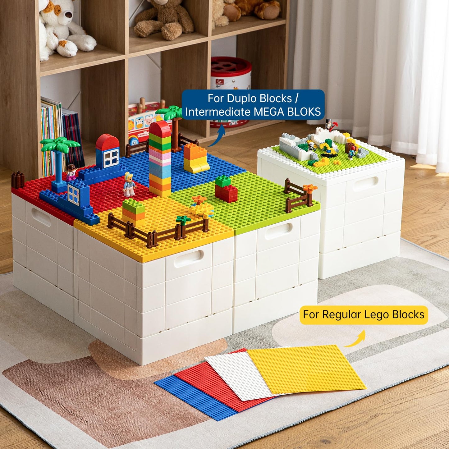 SHIMOYAMA Collapsible Storage Box with Building Baseplate Lid for Duplo Blocks, 26 Qt. Stackable Bricks Storage Bins for MEGA BLOKS, 25L Folding Utility Container for Lego Duplo Bricks, Red