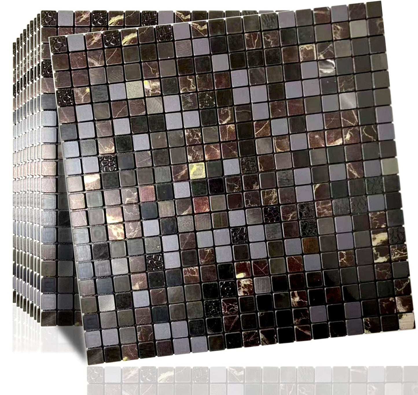 XUANINY Peel and Stick Backsplash Tiles for Kitchen,Bathroom,Fireplace,Self Adhesive Metal Aluminum Mosaic (12"x12") (10, Black Mix)