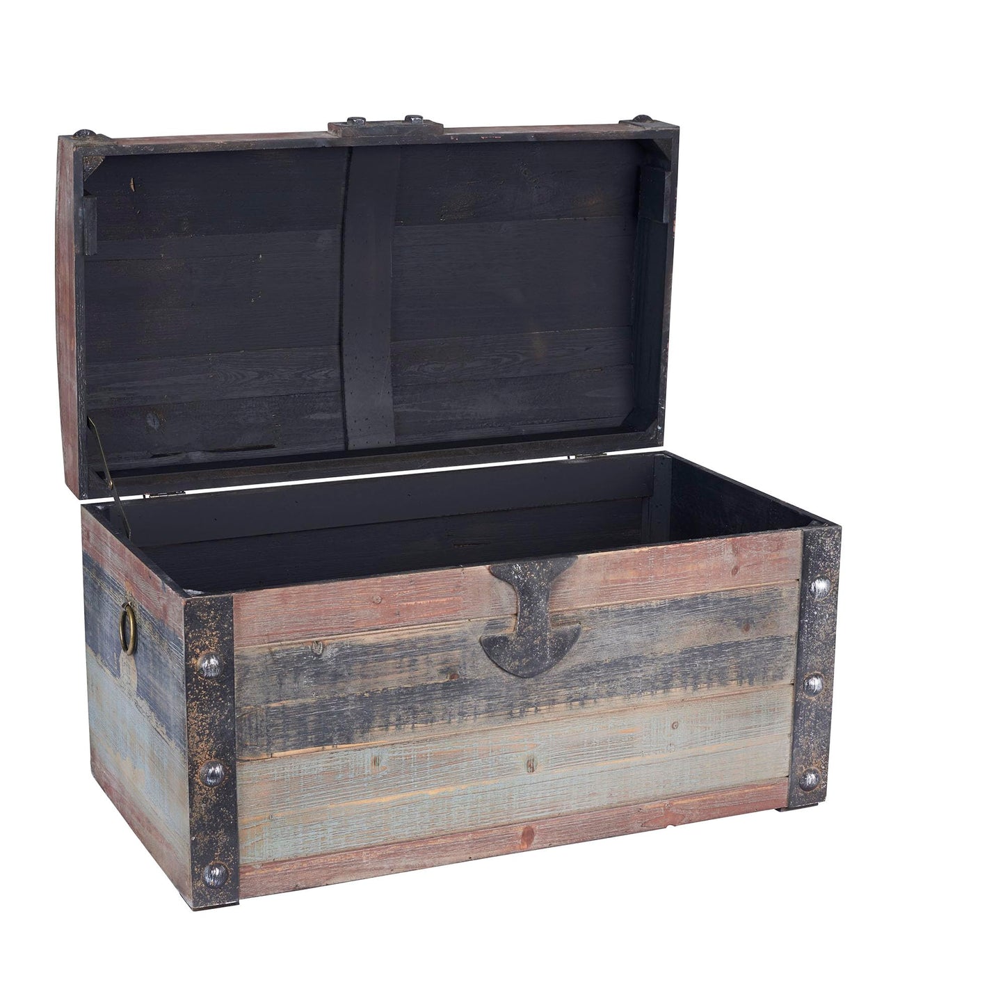 Household Essentials Small Wooden Storage Trunk, Weathered Wood with Paint Finish, Hinged Lid with Metal Accents