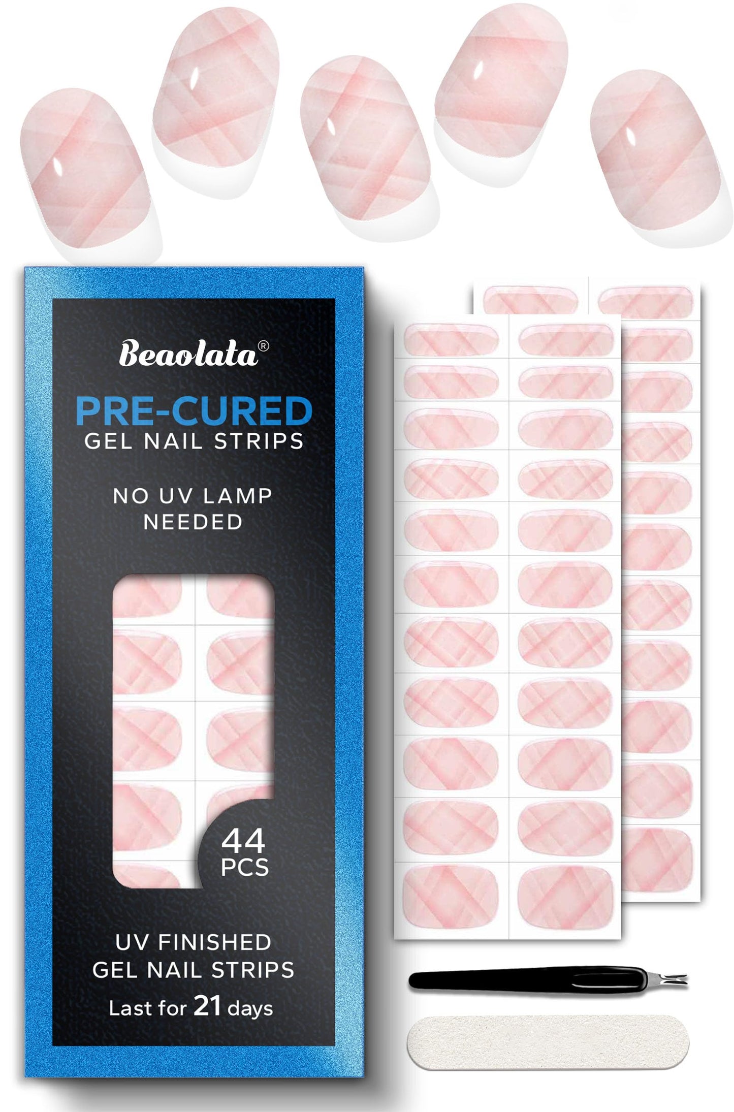 Beaolata Real Gel Nail Strips (No UV Light Needed) - 44Pcs Salon Quality Nail Stickers - Long Lasting Polish Wraps for Women, Easy Apply & Remove (Vintage Pink
