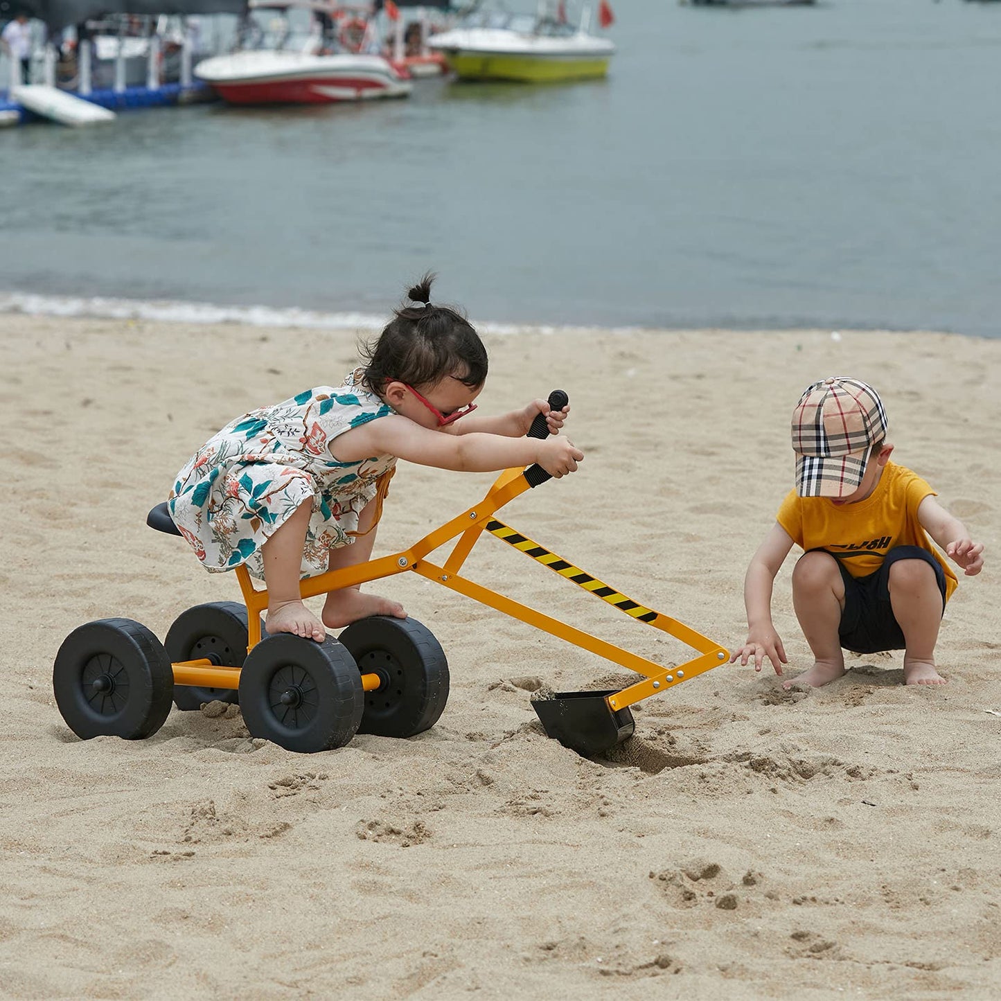 Albott Ride On Sand Digger Excavator Toys Working Crane with 8 inches Wheels and 360° Rotation Seat (Yellow)
