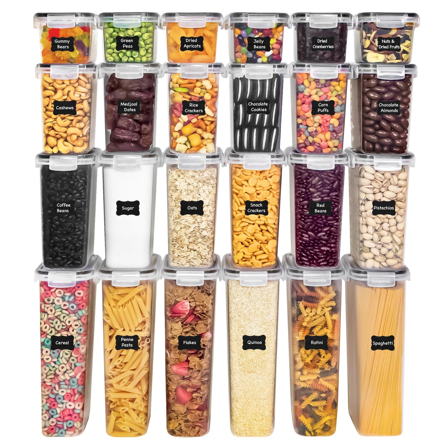 Freshware Kitchen Storage Containers with Lids, 48 PCS Airtight Food Storage Containers, Plastic Kitchen Containers, Pantry Containers for Cereal, Dry Food, Includes Labels, Marker & Measuring Spoons