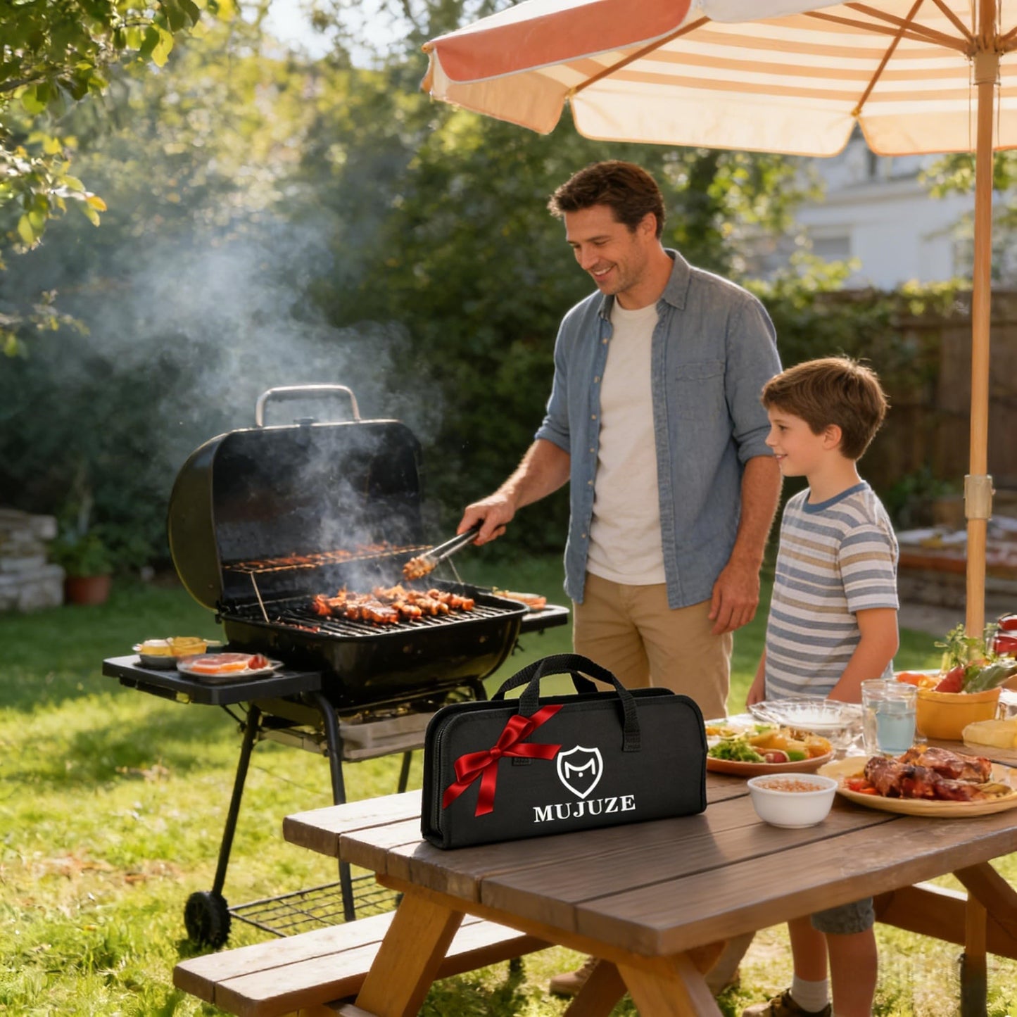 MUJUZE Grilling Accessories,Grill Utensils Set for Outdoor,Barbecue Tool Sets for Men,BBQ Accessories with Apron for Dad,Grill Tool Set,Grill Kit for Camping,Backyard