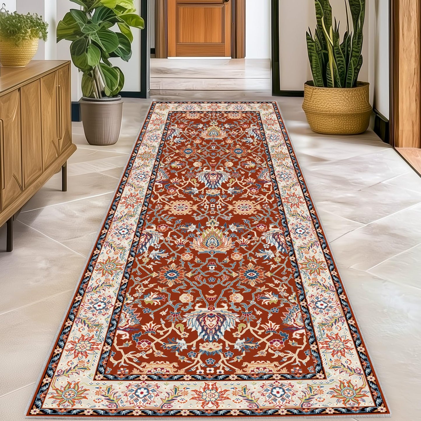 Washable 2x6 Hallway Runner Rug, Non-Slip Low Pile Cozy Kitchen Runner Rug, Brick Red Boho Vintage Floral, Ultra Soft, Stain Resistant, Pet & Kid Friendly Rugs for Bedroom Bathroom Laundry Room