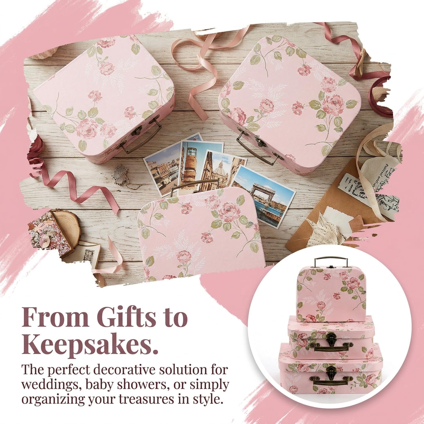 Fasmov 3 Pack Paperboard Suitcases Storage Box Decorative Storage Boxes Gift Boxes With Lids for Photo Storage Home Decoration, Wedding, Birthday, Anniversary, Pink