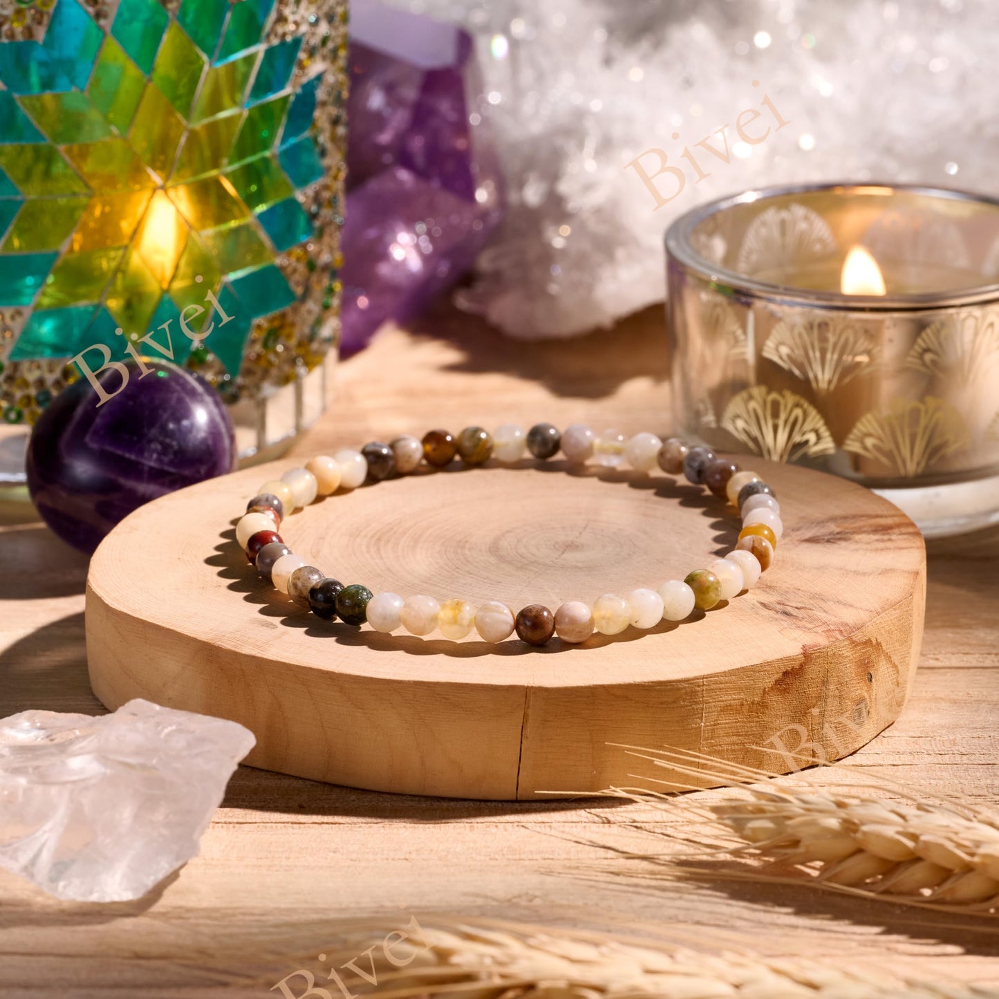 Bivei Bamboo Leaf Agate-Steady Growth-4mm Beaded Bracelets for Women Handmade Semi Precious Natural Stone Stretch Elastic Jewelry Yoga Protection Gifts