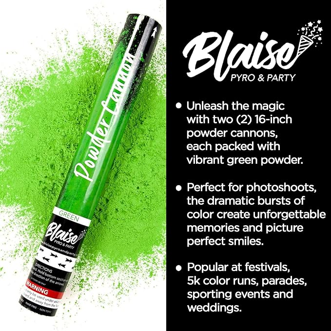 Blaise Pyro & Party Powder Poppers - Colorful Cannons for Birthdays, Weddings, Anniversaries, & More – Designed to Break Down Naturally, Easy to Use for Photoshoots & Celebrations - 16", 2 Pack, Green