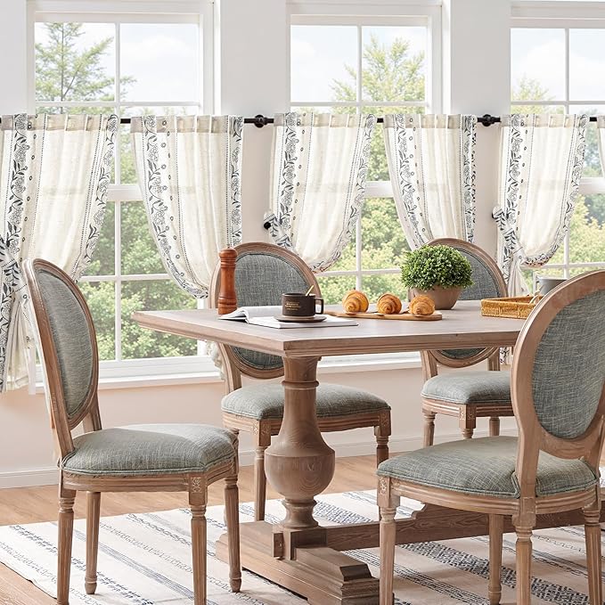 jinchan Winslow Linen Curtains 45 Inch Length Small Window Curtains Embroidered Bordered Floral Drapes Light Filtering for Bathroom Laundry Room Kitchen Farmhouse Decor Blue on Beige 2 Panels