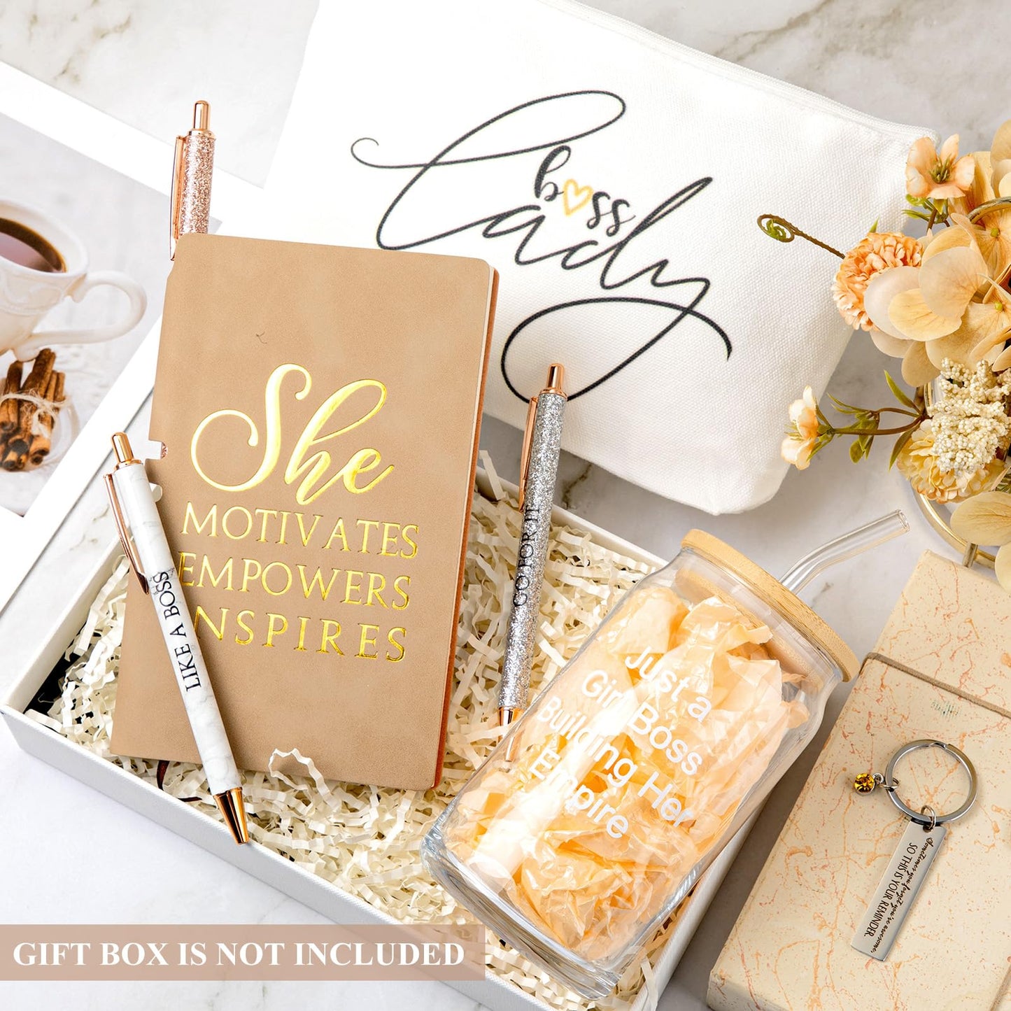 SiliFine Khaki 7 Pcs Boss Gift Sets for Women Her Lady, Best Boss Appreciation Gift 16 oz Glass Cup Lady Makeup Bag Keychain A6 Notepad Ballpoints Pen for Female Leader Manager