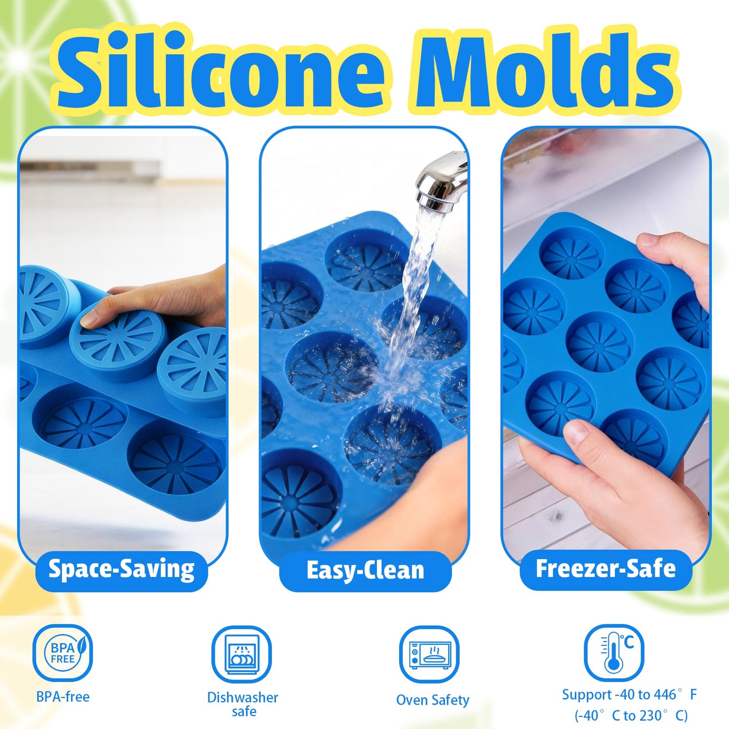 Sidosir 2Pcs Lemon Ice Chocolate Silicone Molds, 9 Cavity Non-Sticking Fruit Shaped Silicone Ice Molds for Making Chocolate Cupcake and Jelly, 3D Ice Lemon Mold for Daily Baking, Ice and Candy Making