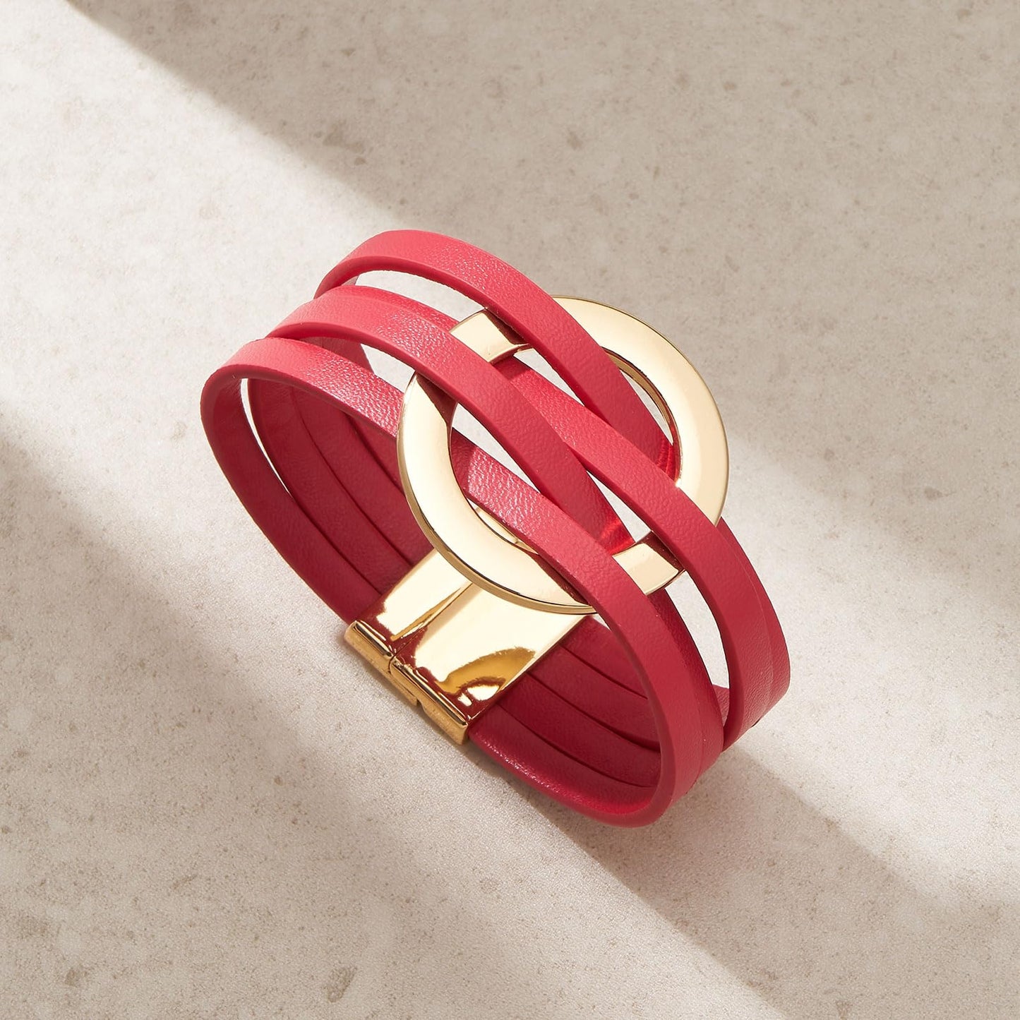 QIUTIMIY Leather Bracelets for Women Trendy Boho Cuff Bracelet Layered Bangle with Clasp Hand Wrist Jewelry Western(Style 9-Red)