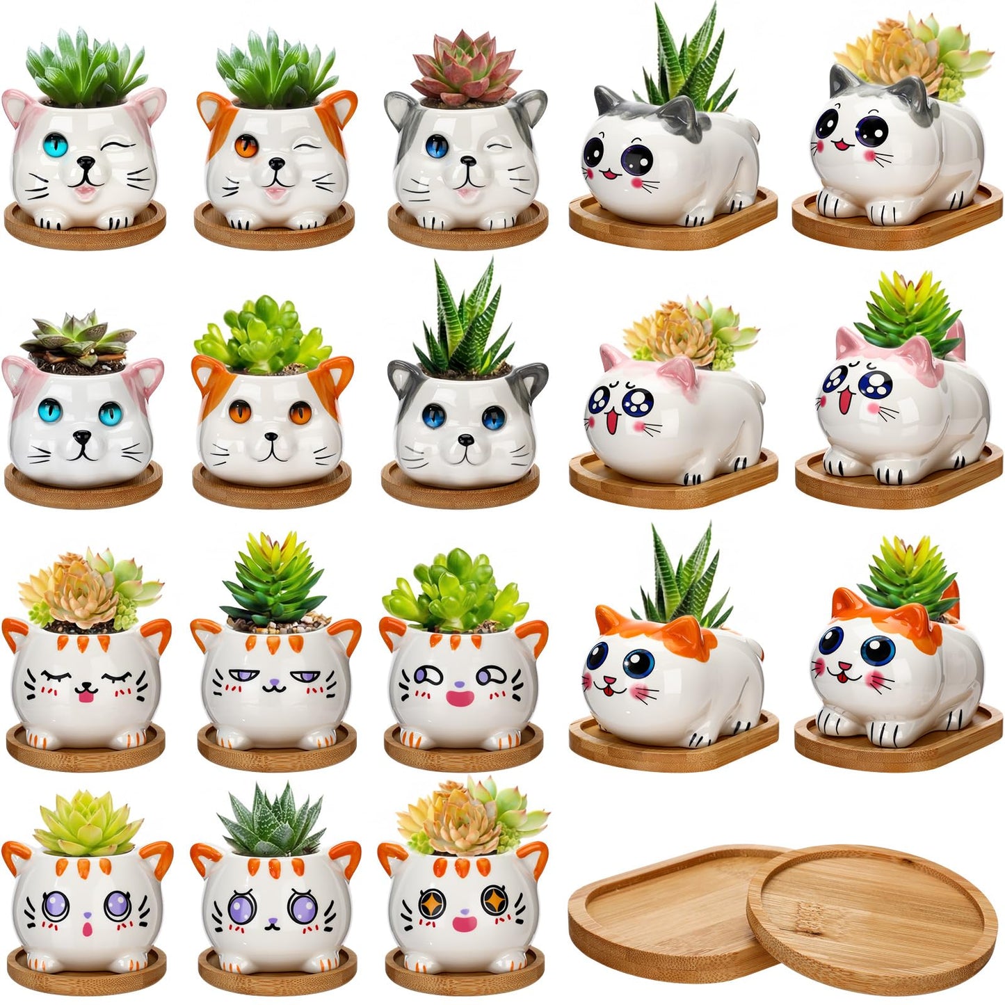 Cindeer 18 Pcs 2.5 Inch Cat Ceramic Succulent Planter Pots – Cute Cat Small Pots with Drainage Hole and Bamboo Tray for Succulents, Cactus, Home Garden Office Desk Decoration Gift Ideas